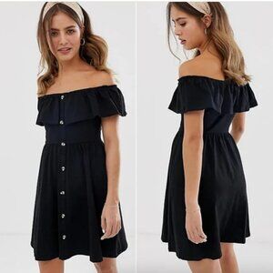 ASOS DESIGN Dress Black Off Shoulder Ruffle Button Through Size 0 Brand New